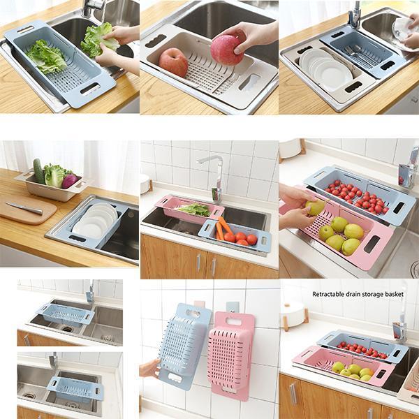 Adjustable Retractable Drain Basket - Plastic Multifunctional Sink Draining Rack - Vegetable Fruit Washing Storage Basket