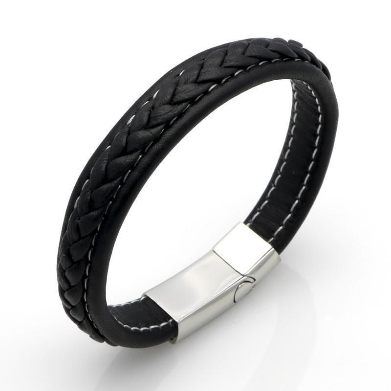 Genuine Leather Braided Bracelet With Stainless Steel Magnetic Clasp