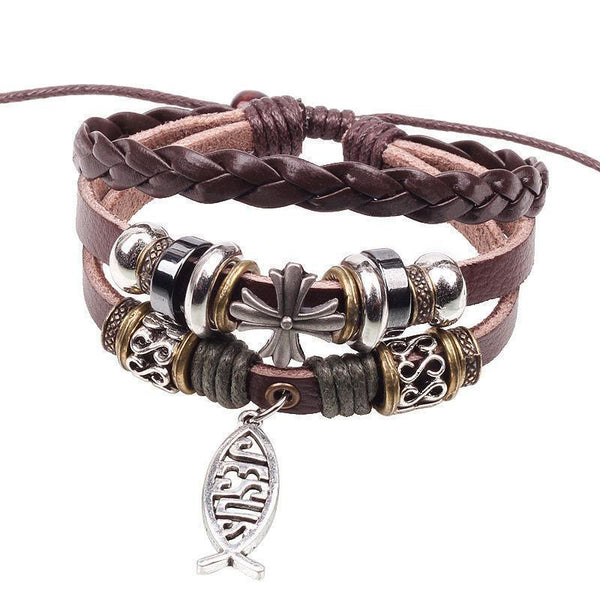 Adjustable Multilayer Leather Ichthys "Jesus Fish" Bracelets