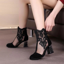 Black Lace Rough Heels Boots(1 Pair)