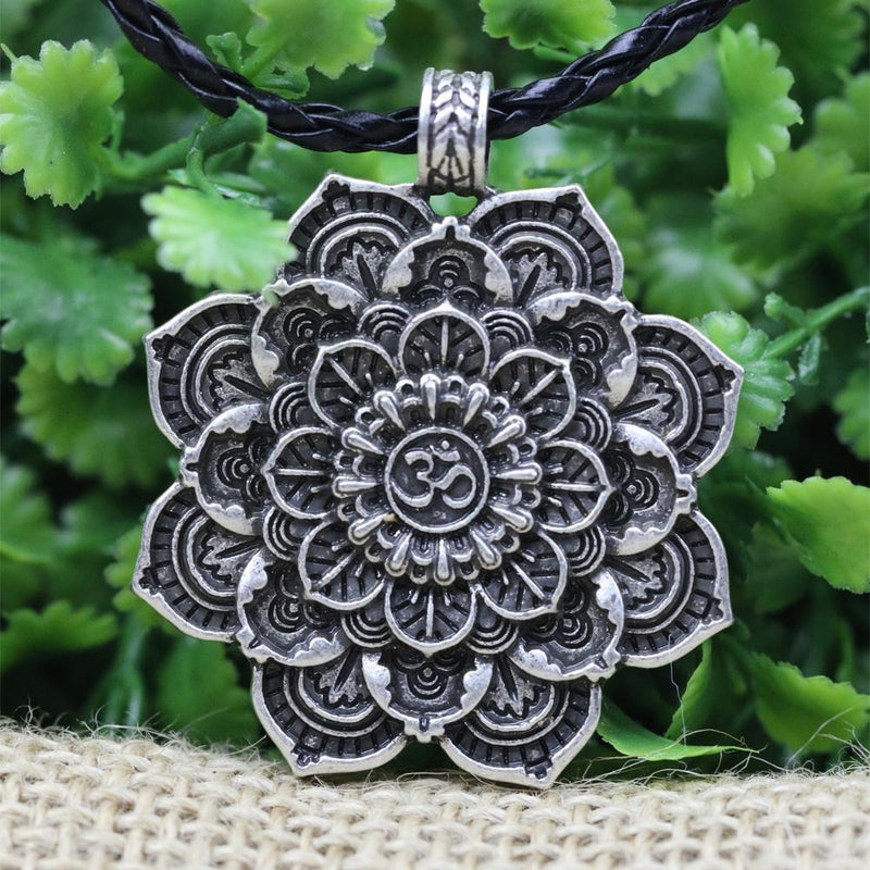 Antique Silver Om Lotus Blossom Mandala Necklace