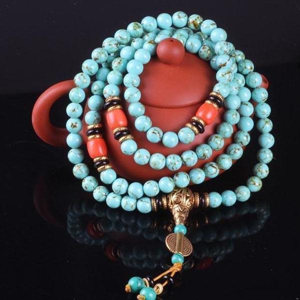 108 Natural Turquoise Bead Wrist Mala Bracelets