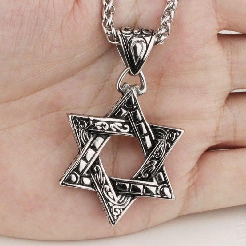 Stainless Steel Paisley Detailed Six-Point Star Pendant Necklaces