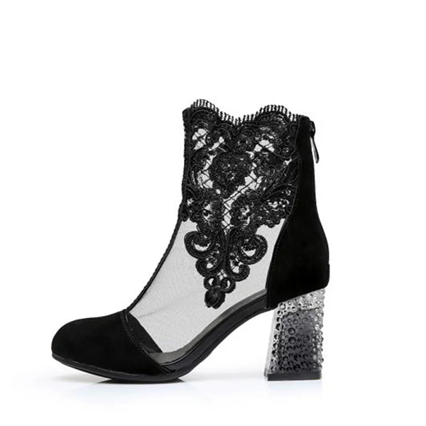 Black Lace Rough Heels Boots(1 Pair)