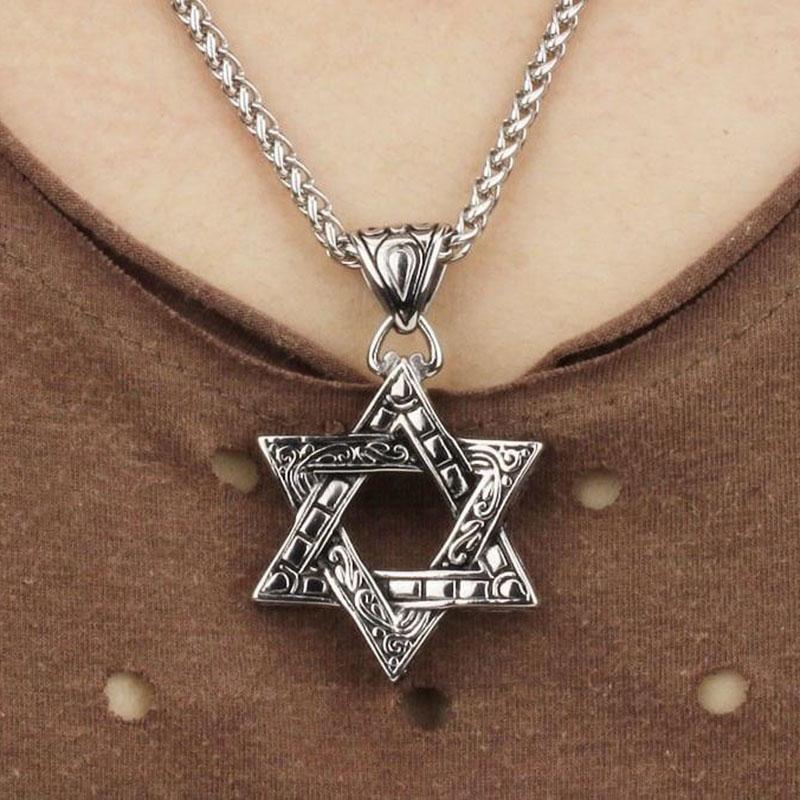 Stainless Steel Paisley Detailed Six-Point Star Pendant Necklaces