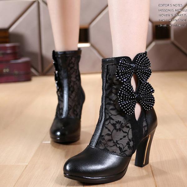 Real-leather Bow Lace High-heeled Boots