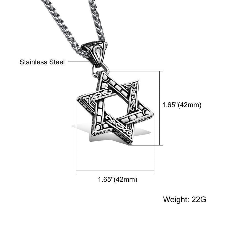 Stainless Steel Paisley Detailed Six-Point Star Pendant Necklaces