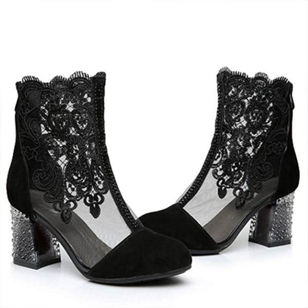 Black Lace Rough Heels Boots(1 Pair)