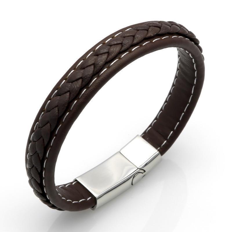 Genuine Leather Braided Bracelet With Stainless Steel Magnetic Clasp