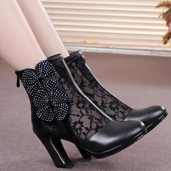 Real-leather Bow Lace High-heeled Boots