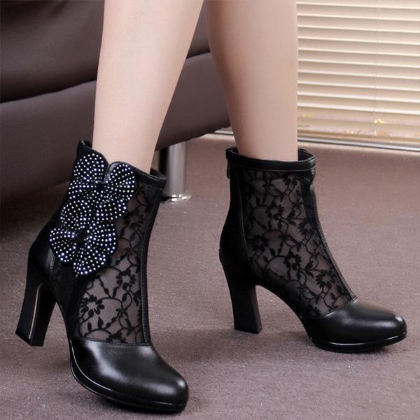 Real-leather Bow Lace High-heeled Boots